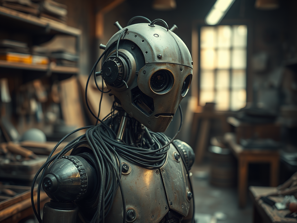 A close-up of a vintage-style robot with a metallic finish and several cables attached, set against a workshop background filled with tools and woodwork.