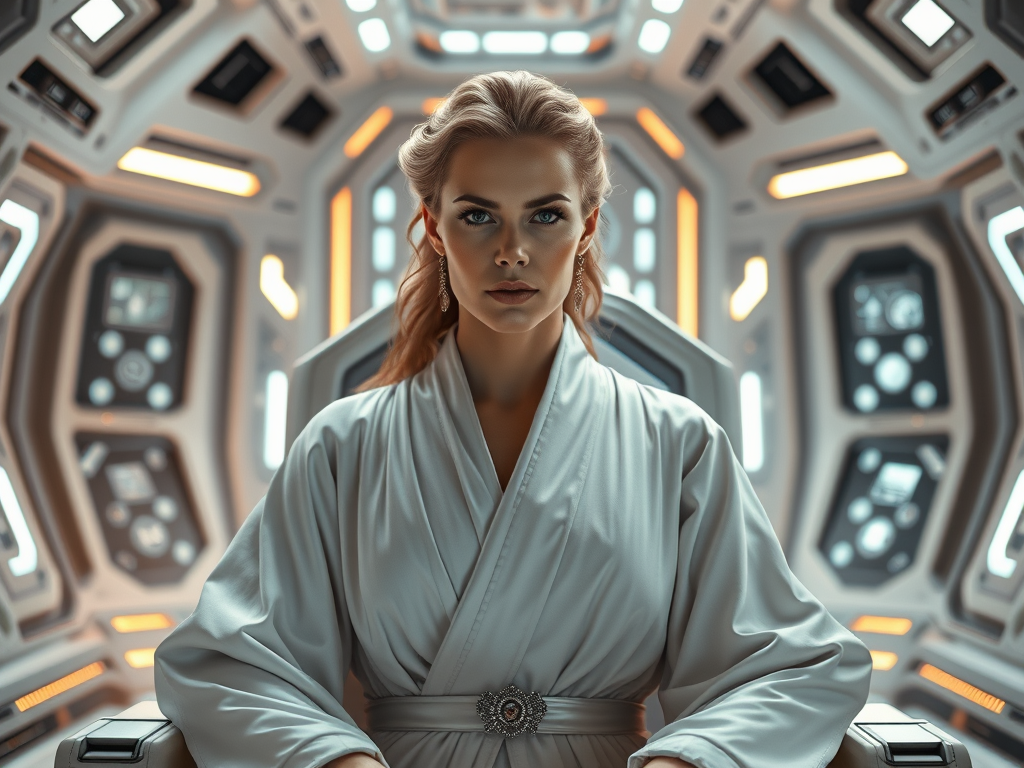 A young princess in a white robe sits confidently in a futuristic setting, with glowing control panels and machinery in the background.